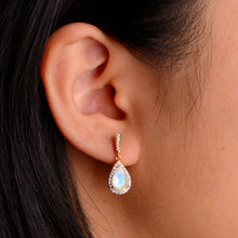 Load image into Gallery viewer, 6 x 9 mm. Pear Cut White Indian Moonstone with Cz Halo Drop Earrings
