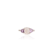 Load image into Gallery viewer, 7 x 9 mm. Oval Cabochon White Indian Moonstone and Amethyst Trilogy Ring
