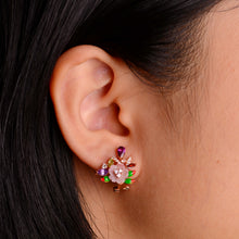 Load image into Gallery viewer, 8 mm. Carved Flower Pink Mother of Pearl, Garnet, Amethyst and Peridot with Cz Accents Cluster Earrings
