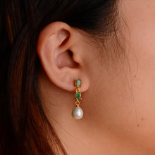 Load image into Gallery viewer, 8 mm. Freshwater Pearl and Emerald Drop Earrings
