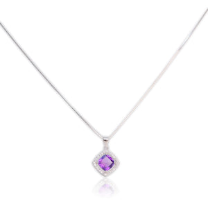 7 mm. Cushion Cut Purple Uruguayan Amethyst with Cz Halo Pendant and Necklace