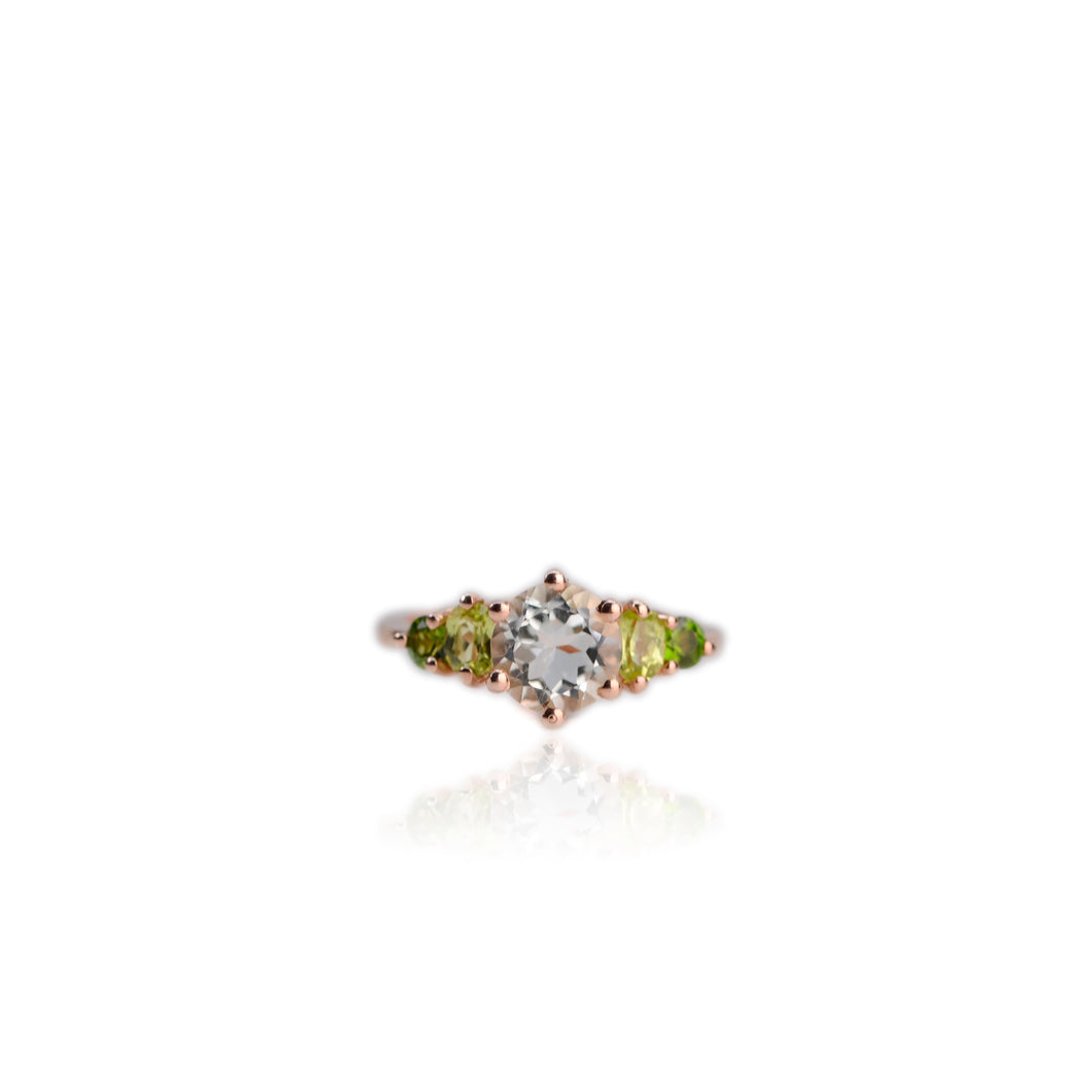 6 mm. Round Cut Green Brazilian Amethyst, Peridot and Chrome Diopside Cluster Ring