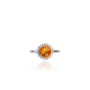 8 mm. Round Cut Yellow Brazilian Citrine with Cz Accents Ring