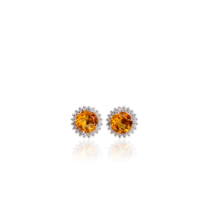 8 mm. Round Cut Yellow Brazilian Citrine with Cz Accents Earrings