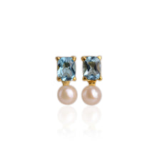 Load image into Gallery viewer, 7 x 9 mm. Cushion Cut Sky Blue Brazilian Topaz and Pearl Earrings
