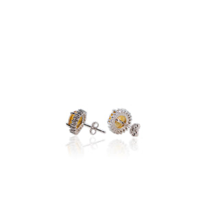 8 mm. Round Cut Yellow Brazilian Citrine with Cz Accents Earrings