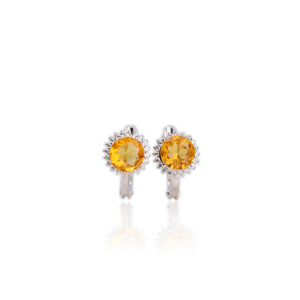 7 mm. Round Cut Yellow Brazilian Citrine with Cz Accents Earrings
