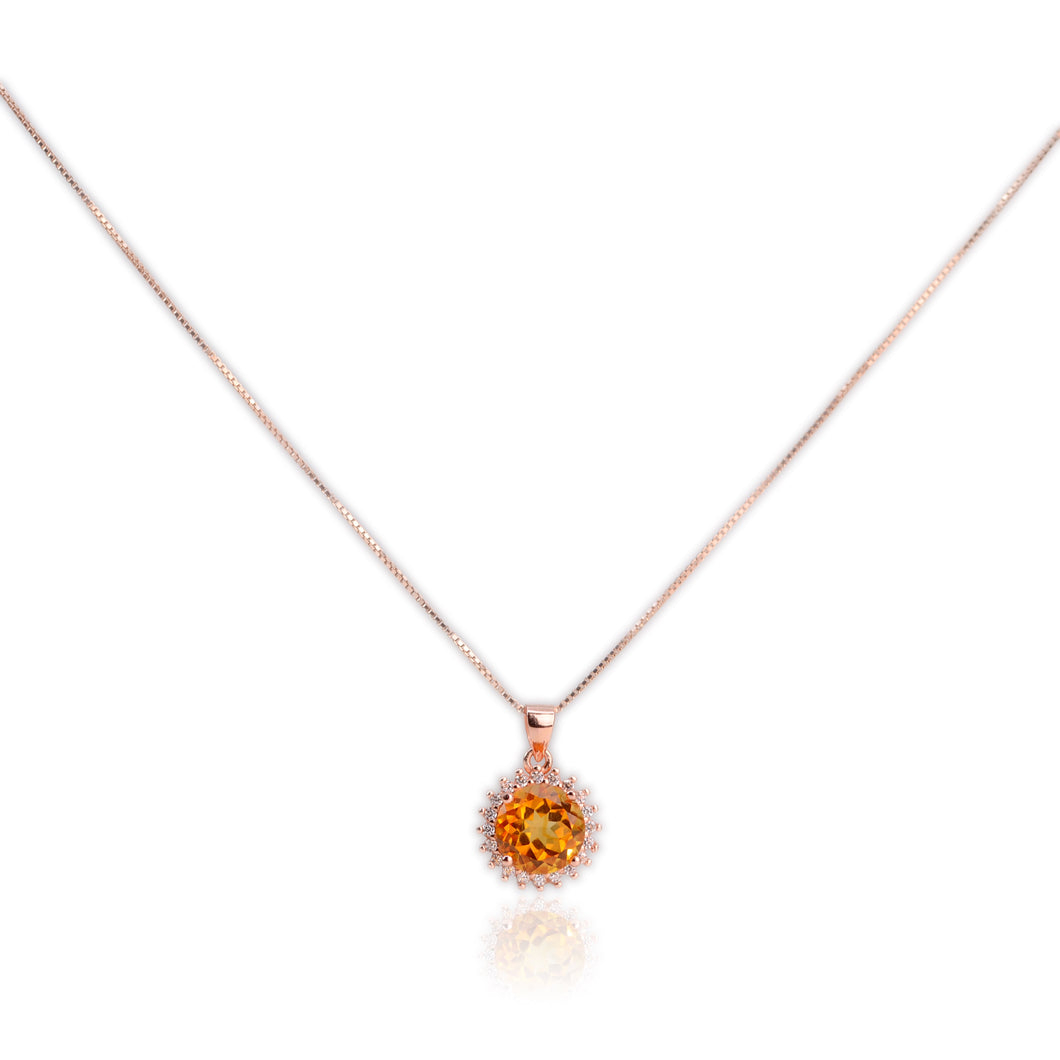 8 mm. Round Cut Yellow Brazilian Citrine with Cz Accents Pendant and Necklace