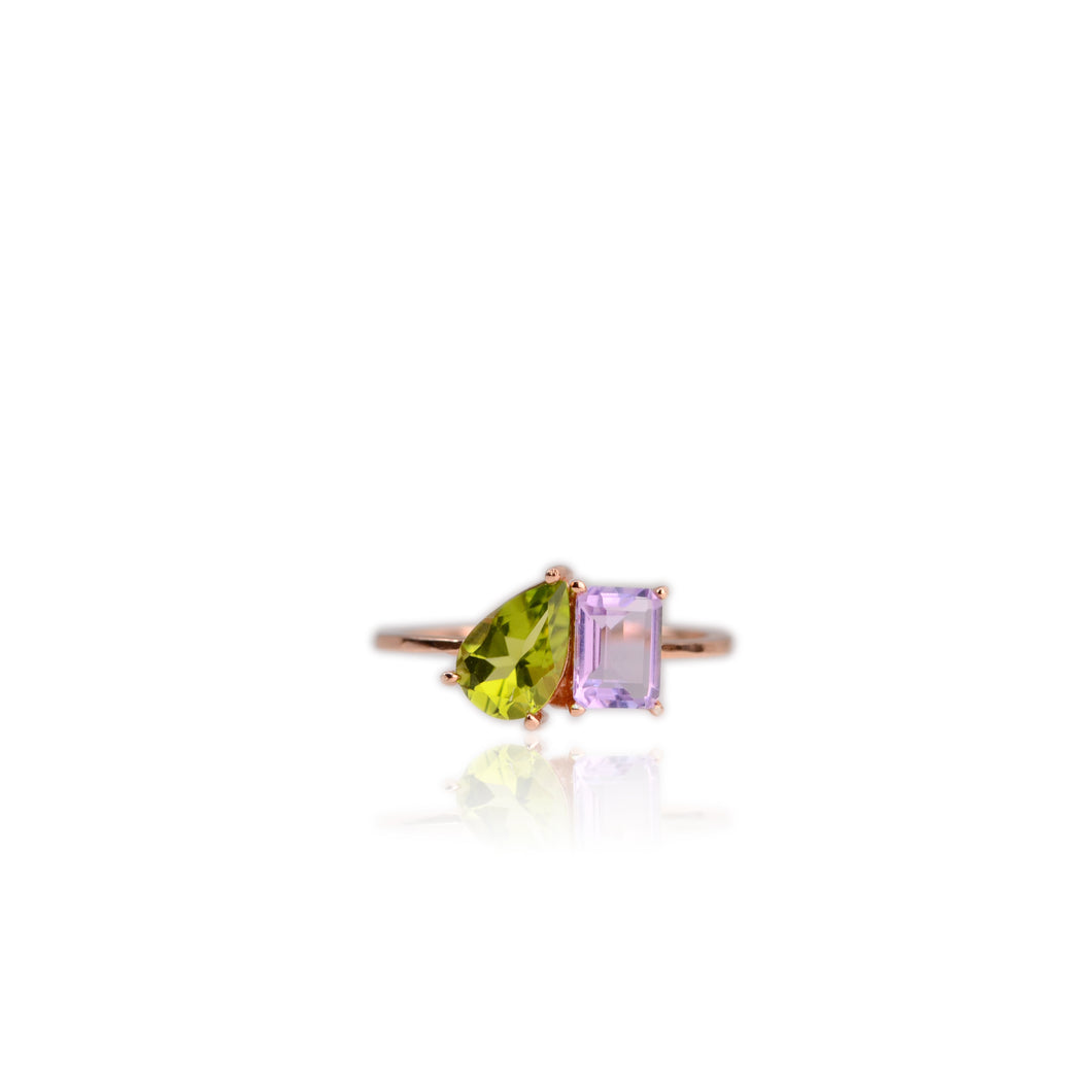 6 x 9 mm. Pear Cut Green Pakistani  Peridot and Amethyst Ring