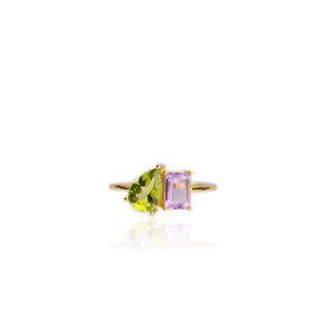 6 x 9 mm. Pear Cut Green Pakistani  Peridot and Amethyst Ring