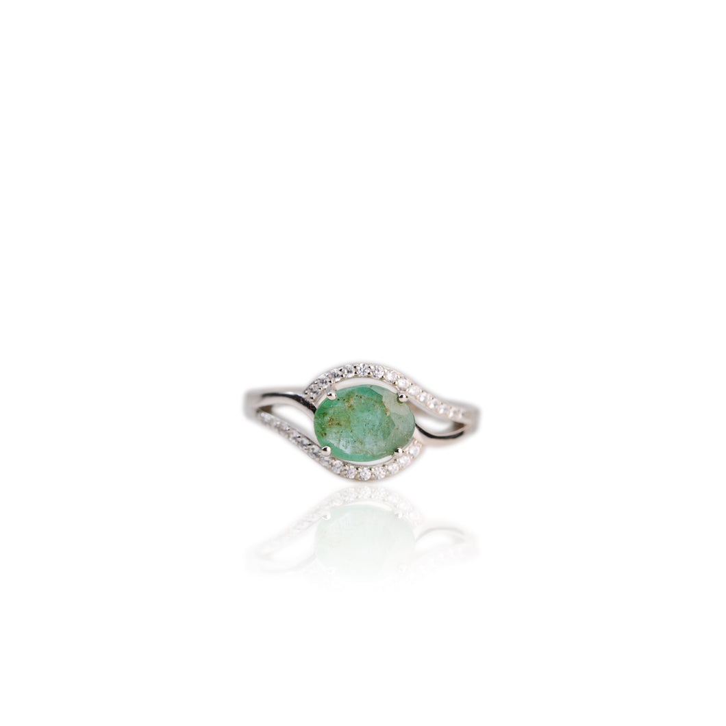 7 x 9 mm. Oval Cut Green Zambian Emerald with Cz Accents Ring (Blemished)