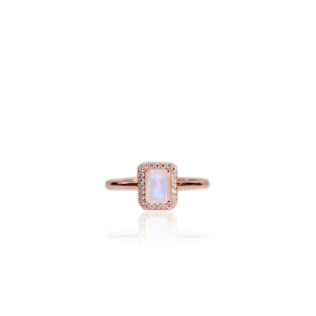 5 x 7 mm. Octagon Cut White Indian Moonstone with Cz Halo Ring