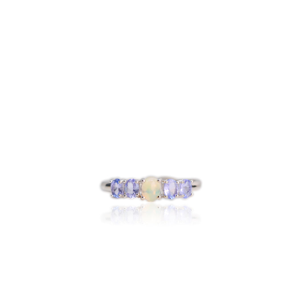 4 x 5 mm. Oval Cabochon Multi-coloured Ethiopian Opal and Tanzanite Cluster Ring