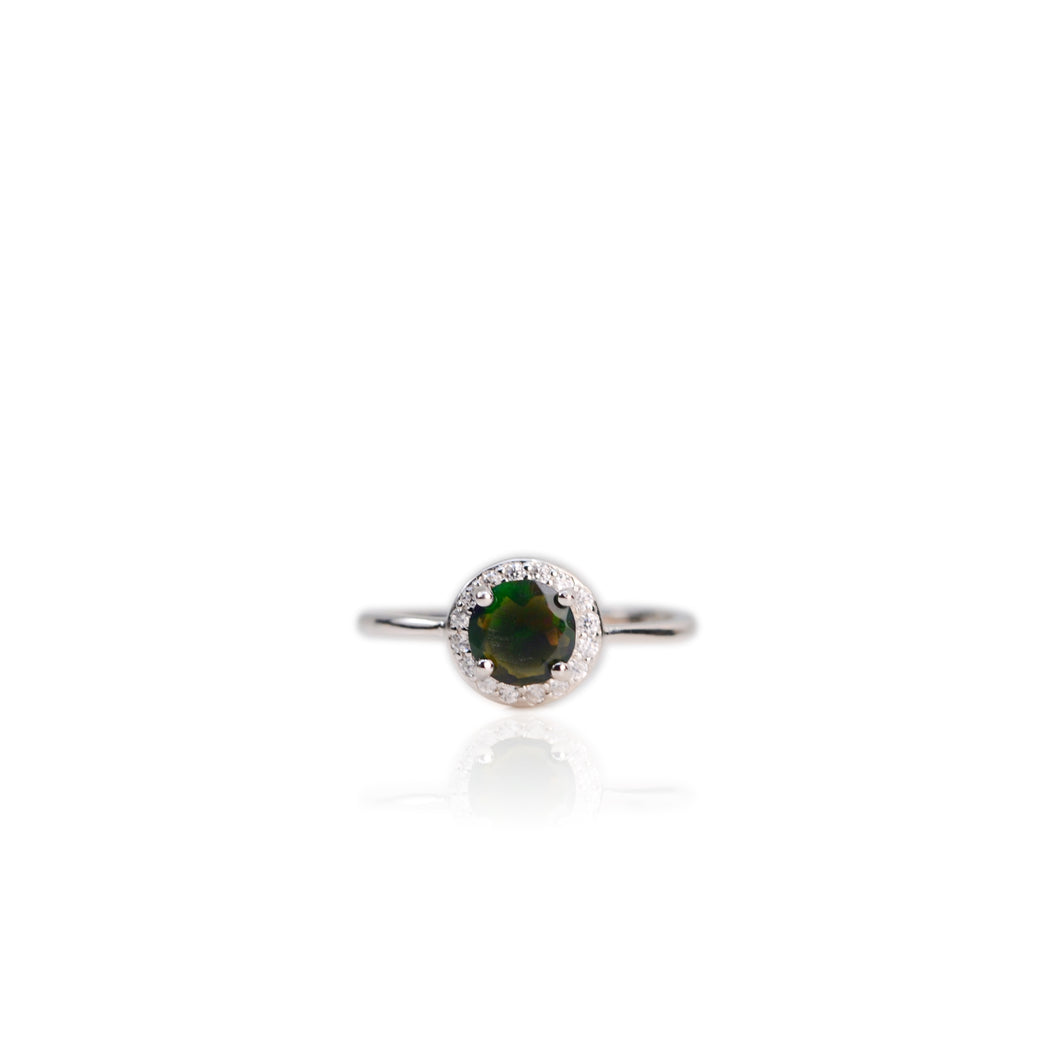 6 mm. Round Cut Black Ethiopian Opal with Cz Halo Ring