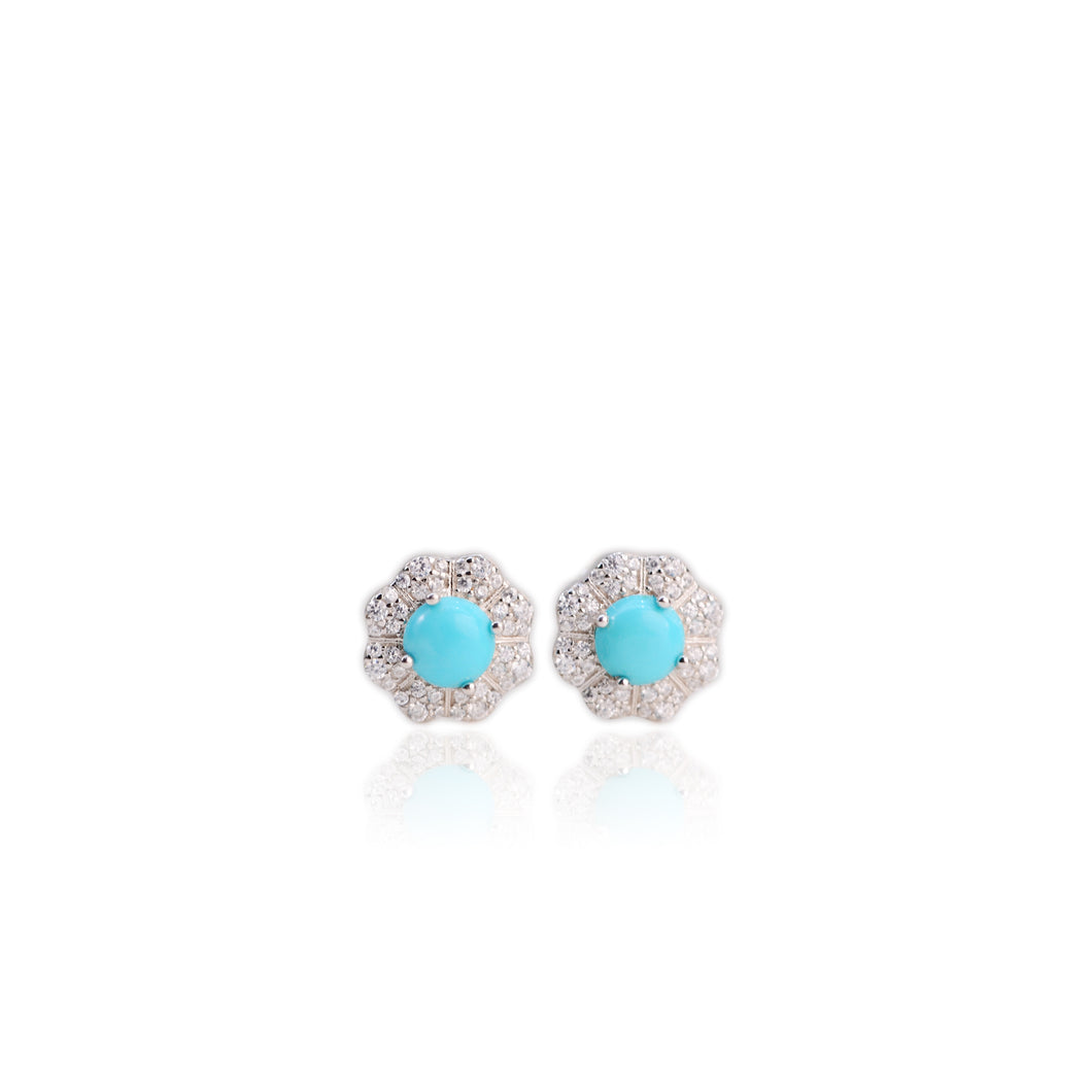 6 mm. Round Cabochon Blue American Turquoise with Cz Accents Earrings