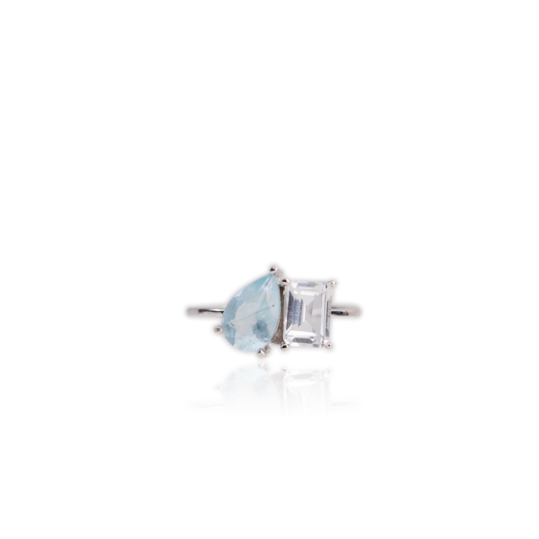 6 x 9 mm. Pear Cut Blue Brazilian Aquamarine and Topaz Ring