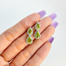 Load image into Gallery viewer, 5 x 7 mm. Pear Cut Green Pakistani Peridot with Cz Halo Earrings
