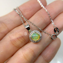 Load image into Gallery viewer, 7 mm. Round Cabochon Multi-coloured Ethiopian Opal with Cz Halo Pendant and Necklace
