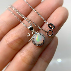 7 mm. Round Cabochon Multi-coloured Ethiopian Opal with Cz Halo Pendant and Necklace