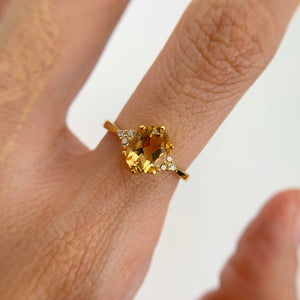 6 x 8 mm. Oval Cut Yellow Brazilian Citrine with Cz Accents Ring