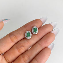 Load image into Gallery viewer, 4 x 6 mm. Oval Cut Green Zambian Emerald with Cz Halo Earrings

