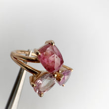 Load image into Gallery viewer, Handmade 7 x 9 mm. Trillion Cut Purple Burmese Spinel and Tourmaline Open Ring (Blemished)
