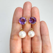 Load image into Gallery viewer, 9 mm. Freshwater Pearl and Amethyst Two-way Drop Earrings
