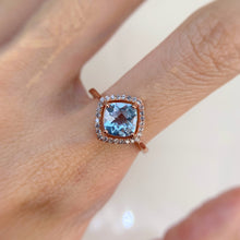 Load image into Gallery viewer, 7 mm. Cushion with Checkerboard Cut Sky Blue Brazilian Topaz with Cz Halo Ring
