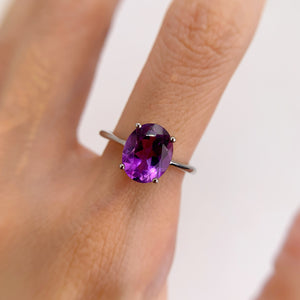 8 x 10 mm. Oval Cut Purple Brazilian Amethyst Ring