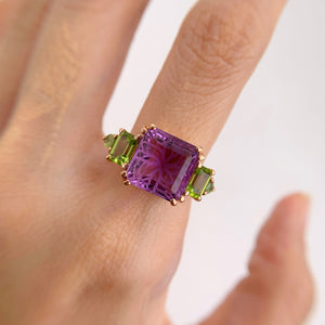 Handmade 11 mm. Carved Octagon Cut Purple Brazilian Amethyst, Peridot and Sapphire Cluster Ring