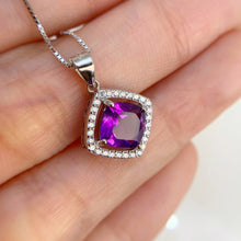 Load image into Gallery viewer, 7 mm. Cushion Cut Purple Uruguayan Amethyst with Cz Halo Pendant and Necklace
