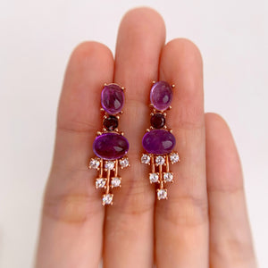 7 x 9 mm. Oval Cabochon Purple Brazilian Amethyst, Rhodolite Garnet with Cz Accents Drop Earrings (Blemished)