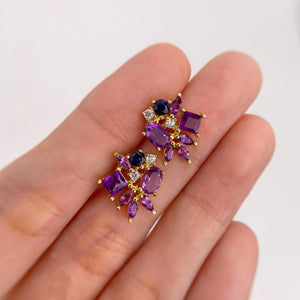 4 x 6 mm. Oval Cut Purple Brazilian Amethyst, Sapphire with Cz Accents Cluster Earrings (Blemished)