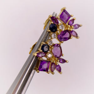 4 x 6 mm. Oval Cut Purple Brazilian Amethyst, Sapphire with Cz Accents Cluster Earrings (Blemished)