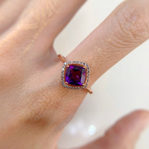 7 mm. Cushion Cut Purple Uruguayan Amethyst with Cz Halo Ring