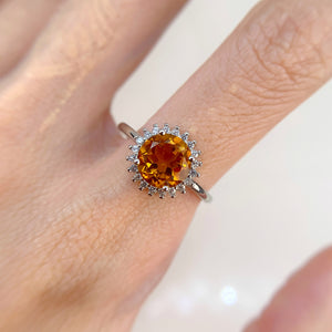 8 mm. Round Cut Yellow Brazilian Citrine with Cz Accents Ring