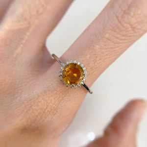 7 mm. Round Cut Yellow Brazilian Citrine with Cz Accents Ring