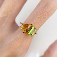 Load image into Gallery viewer, 6 x 9 mm. Pear Cut Yellow Brazilian Citrine and Peridot Ring
