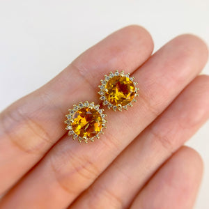 8 mm. Round Cut Yellow Brazilian Citrine with Cz Accents Earrings