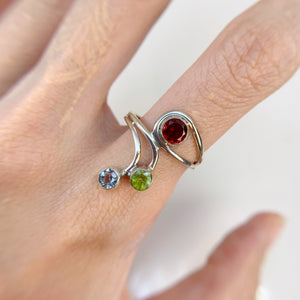 5 mm. Round Cut Red African Garnet, Peridot and Topaz Ring