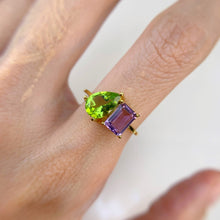 Load image into Gallery viewer, 6 x 9 mm. Pear Cut Green Pakistani  Peridot and Amethyst Ring
