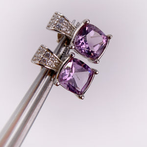 7 mm. Cushion Cut Purple Brazilian Amethyst with Cz Accents Earrings (Blemished)