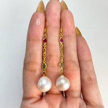 Load image into Gallery viewer, 3 x 4 mm. Oval Cut Multi-coloured Songea Sapphire and Baroque Freshwater Pearl Drop Earrings
