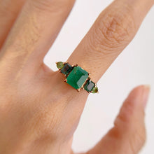 Load image into Gallery viewer, Handmade 6 x 8 mm. Octagon Cut Green Zambian Emerald and Sapphire Cluster Ring (Blemished)
