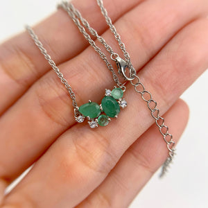 4 x 6 mm. Oval Cut Green Zambian Emerald with Cz Accents Cluster Necklace