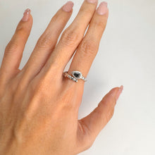 Load image into Gallery viewer, 4 x 6 mm. Pear Cut Blue Thai Sapphire with Cz Halo Open Ring
