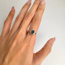 Load image into Gallery viewer, 6 x 8 mm. Oval Cut Blue Green Thai Sapphire with Cz Halo Ring
