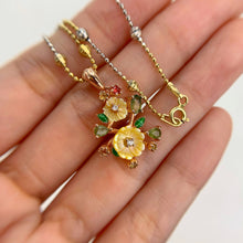 Load image into Gallery viewer, 8 mm. Carved Flower Yellow Mother Of Pearl and Sapphire with Cz Accents Pendant and Necklace
