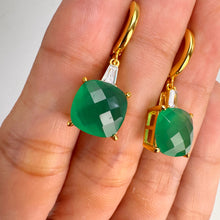 Load image into Gallery viewer, 10 mm. Cushion with Checkerboard Cut Green Botswana Agate with Cz Accents Drop Earrings
