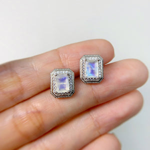 5 x 7 mm. Octagon Cut White Indian Moonstone with Cz Halo Earrings